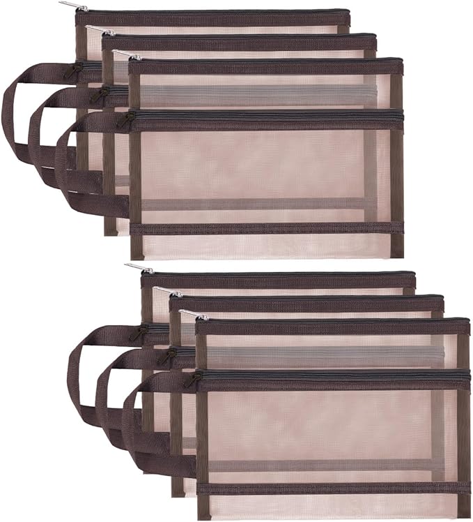 Fassave 6 Pack Mesh Zipper Pouch Bags, Double Layer Nylon Pouch with Handle for Office Travel Organization (Coffee, A5)
