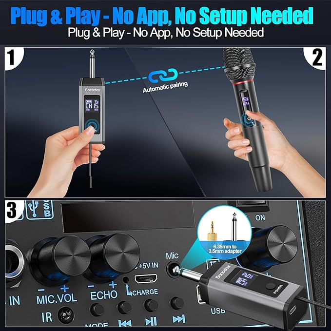 Dual UHF Wireless Microphone System 2 Packs – Metal Mics with Rechargeable Receiver, 15-Channel Interference-Free Audio, Plug & Play for PA Systems, Speakers, Parties, DJs, Weddings & Church