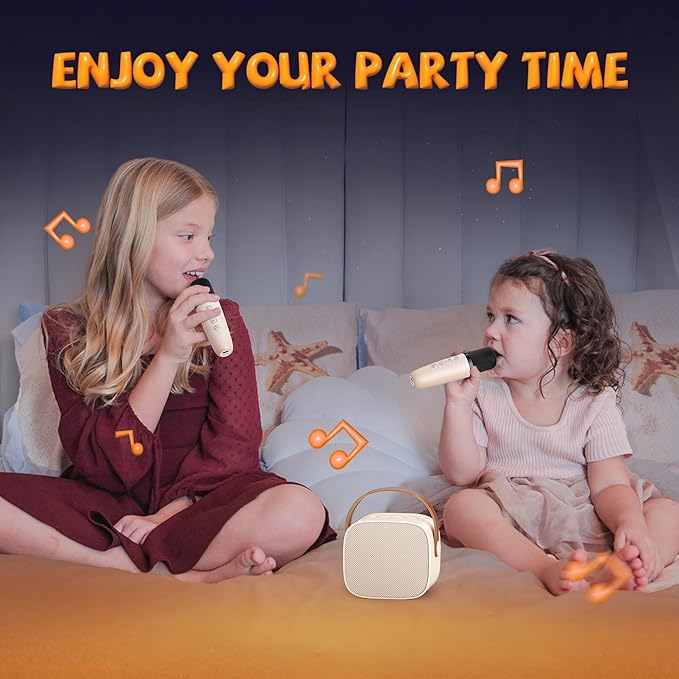 Mini Karaoke Machine for Kids, 2025 Top Christmas Birthday Gifts for 4, 5, 6, 7, 8, 9, 10, 12+Years Old Girls Boys Grandkids, Party Portable Bluetooth Speaker with 2 Wireless Microphones (Beige)