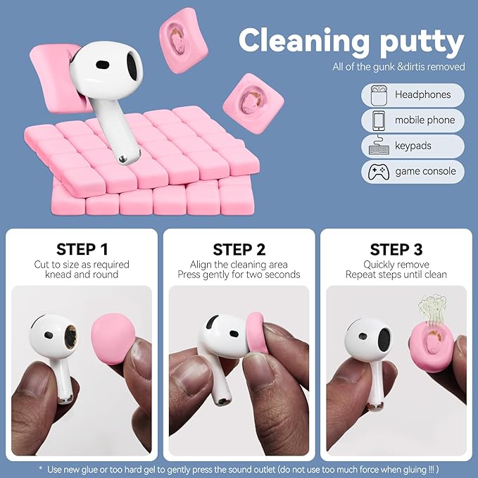 for Airpods Cleaner Kit,Bluetooth Earbuds 3 in 1 Multi-Function Cleaning Pen and Cleaning Putty,for Airpods Pro Phone Charging Port,Earbuds,Headphone, iPod,Case,iPhone,ipad,Laptop (Pink)