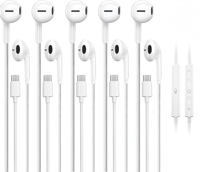 5 Pack USB C Headphones for iPhone 17/16/15 Pro Max iPad Plus TypeC Earphones with Microphone Volume Control USBC Wired Earbuds USB Type C Earphone for Samsung S25 Ultra S24 S23 S22 （1.2M/4Ft）
