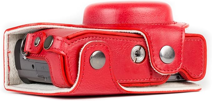 MegaGear MG1262 Ever Ready Leather Camera Case compatible with Panasonic Lumix DC-ZS80, DC-ZS70, DC-TZ95, DC-TZ90 - Red