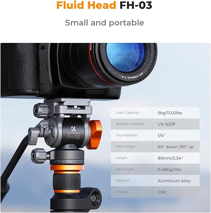K&F CONCEPT Fluid Head, Silky-Smooth, Stable Tripod Fluid Head for pan and tilt,Arca Swiss-Compatible Fluid Head Mount, max Load 11 lbs/5kg FH-03