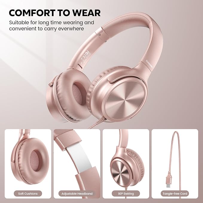 USB C Headphones Wired, Over Ear USB C Wired Headphones with Microphone, Volume Control, HD Stereo Sound, Foldable USB Type C Headphone for Adult/Teens/Laptop/Computer/iPhone 15/16/17, Rose