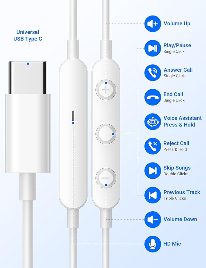 USB C Earbuds with Microphone Cute in Ear Wired Headphone USB-C Plug Ear Buds Corded Head Phone Magnetic Type C Earphone for iPhone 17 Pro Max 16 Plus 15 16e for Samsung A17 A16 S26 S25 S24