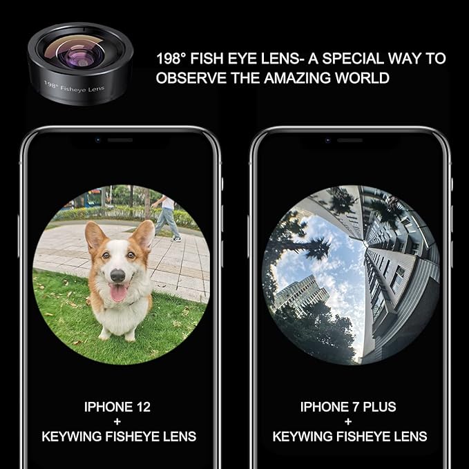 KEYWING Fisheye Lens 198° Fish Eye Phone Camera Lens Kit for iPhone Fish Bowl Camera Lens Attachments for iPhone Samsung Smartphone Black