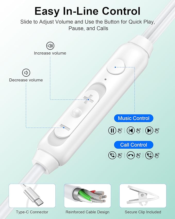 USB C Wired Ear Buds Earbuds for iPhone 17 16 15 Pro Max Air 16e Plus,in-Ear Earphones,USBC Headphones Wired Type C Earbuds Earphones for Samsung Galaxy S25 S24 A16 A17, Google Pixel, OnePlus, iPad