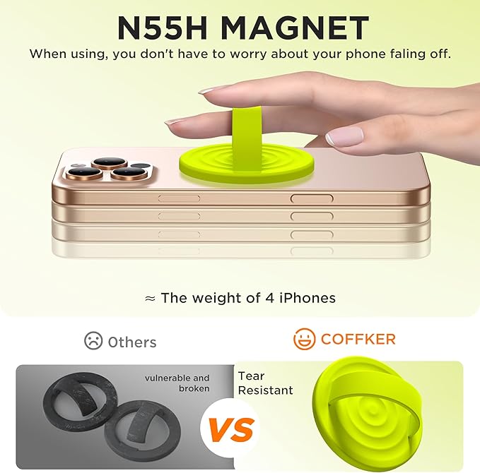 Magnetic Phone Grip Ring Holder, Liquid Silicone Magnet Cell Phone Grip Finger Loop, Compatible with Magsafe, Back of Phone for iPhone 17/16/15/14/13/12 Series, Neon Yellow