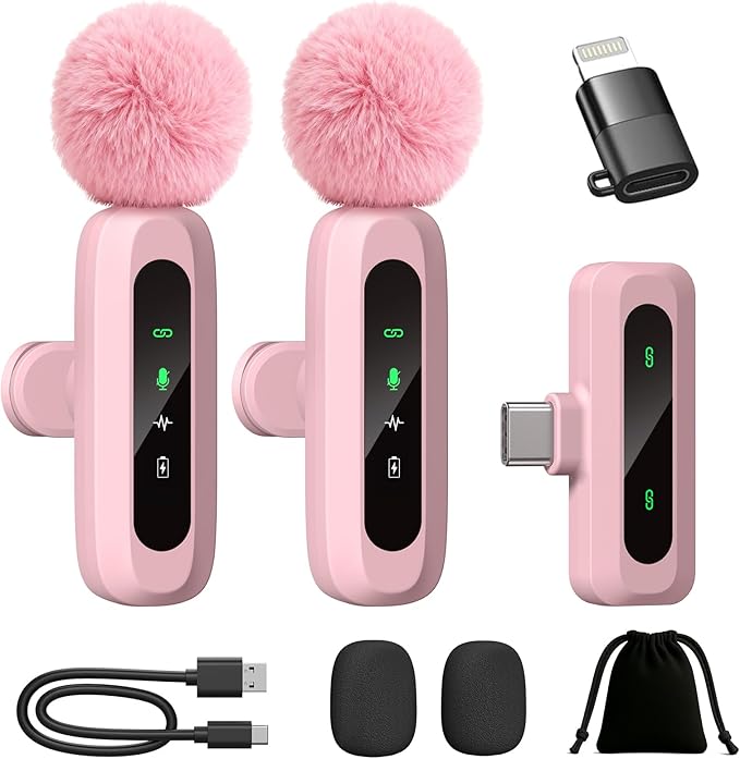 Upgraded Mini Microphone for iPhone Android/iPad PC with LED Display, Wireless Clip-On Mics, USB C Lavalier Microphone with Noise Cancelling (for Lightning-USB-C Port, Pink)