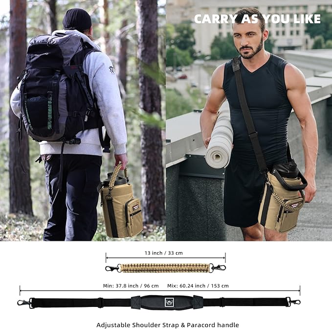 NATURE PIONEOR Water Bottle Holder with Adjustable Strap - Half/One Gallon (64/128oz) Insulated Water Bottle Sling Carrier with Phone Pocket & Paracord Handle, Outdoor Camping, Hiking, Gym