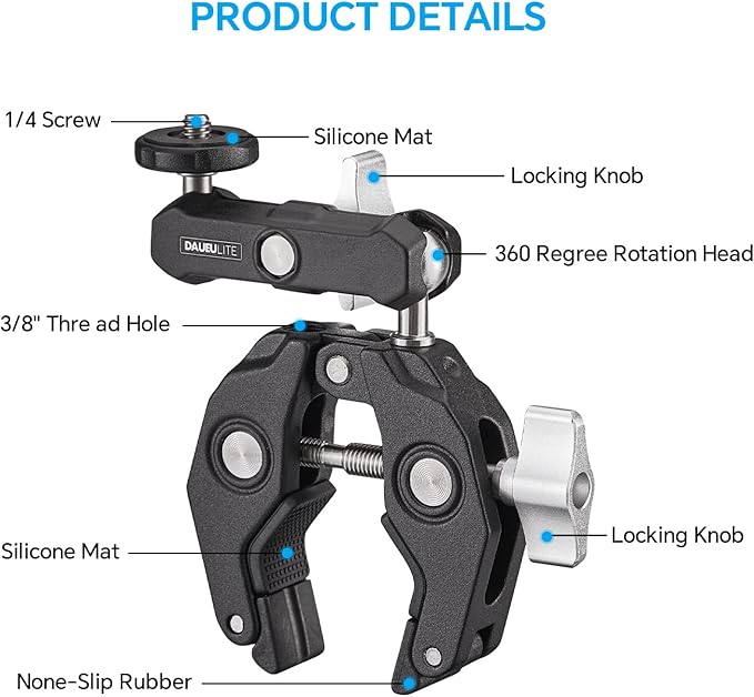 Super Clamp Camera Clamp Mount Monitor 360°Ballhead Magic Arm Double Ball Head Adapter with 1/4"-20 & 3/8"-16 Thread for Canon Nikon DSLR Camera/Gopro/LED Light Ronin-M/Ronin MX/FreeflyMOVI