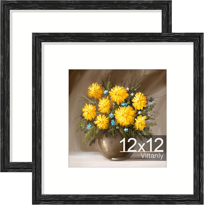 Vittanly 12x12 Picture Frames Set of 2, Ornate Vintage Photo Frame for Wall or Tabletop, Display 8x8 Pictures with Mat or 12x12 without Mat, Distressed Black