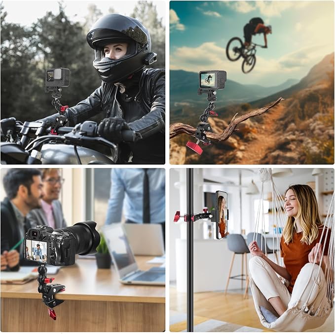 Camera Mount Clamp, Super Clamp with Dual Ballhead Magic Arm for/Phone Holder/Tripod Mount Adapter - 1/4" & 3/8" Holes,360°Adjustable for G0pro,Phone, Microphone,Monitor and Light JC009