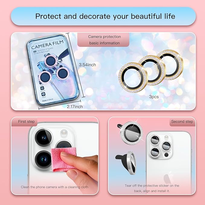 Bling Camera Lens Protector for iPhone 16 Pro/16 Pro Max,9H Tempered Glass HD Clear,Diamond Golden Aluminum Alloy Ring,Scratch Resistant(Diamond Golden)