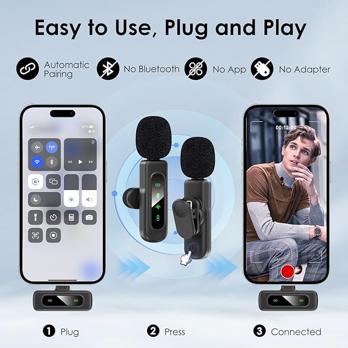 USB C Mini Wireless Lavalier Microphone for iPhone/Android,Lapel Mic with Magnetic Clip-on for Record Video，Lav Mic with LED Display Podcast Vlog Content Creator Interview