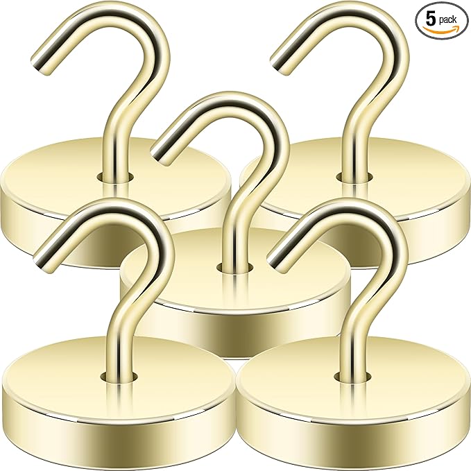 Neosmuk Magnetic Hooks, Cruise Ship Essentials, 100lb+ Heavy Duty Magnetic Hooks for Cruise Cabins, Refrigerator, Grill, Hanging, and Travel | Extra Strong Must-Haves Magnet Hook,Gold, 5 Pack