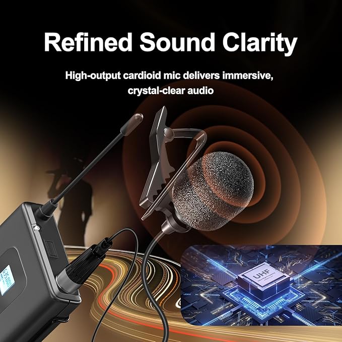 Wireless Professional Lavalier Microphone System, Dual UHF Cordless Mic Set with 2 Bodypacks & Lapel Microphones, 200 Channel Auto-Scan, 328ft Range for Church, Speaking, Teaching, Interview