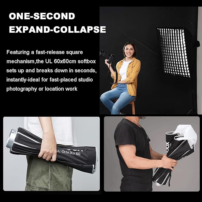Godox 2pc Quick Release Softbox,UL 24"x24"/60x60cm Bowens Mount Square Soft Box with Grid,Diffuser,Carry Bag for Studio Strobe Flash Continuous Light,Outdoor Photography Video Recording,Live Streaming