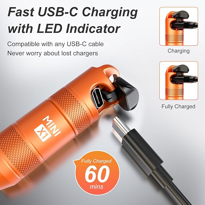 EDC Mini Flashlights High Lumens LED Pocket Keychain Magnetic Activation Flashlight Type-C Rechargeable Small Flashlight Long Battery Life & Long Illumination Distance (2, Orange)