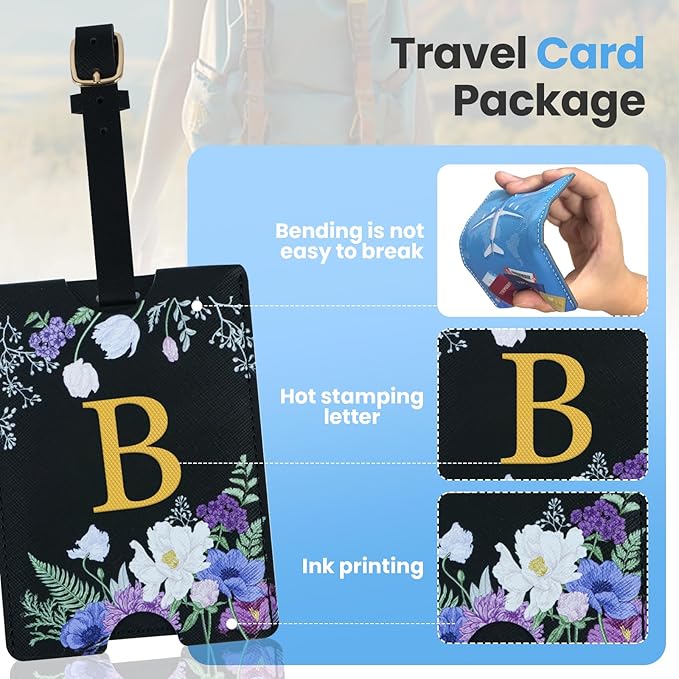 2 Pack PU Leahter Luggage Tags with PU Leather Straps, Fun Travel case Labels, Privacy-Protected ID Card Holders, Allowing for Quick Identification of Luggage and Easy locating of Your Bags (B)