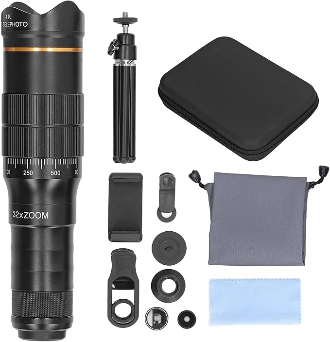 Cyrank Cell Phone Camera Lens Kit, Universal 32x Telephoto Lens, Portable 32X Mobile Phone Zoom Lens Clip On Double Adjustment HD Mobile Phone Telescope Len for Most Smartphone (Black)