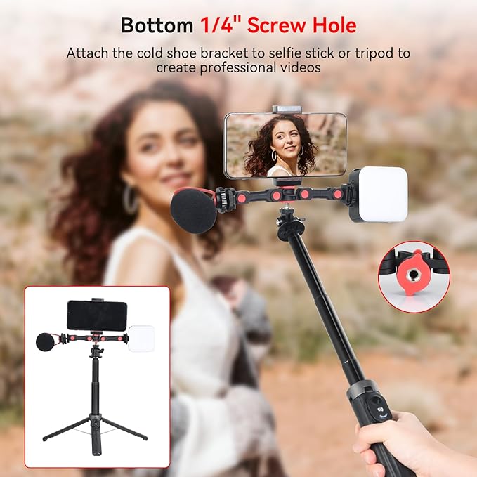 UTEBIT Dual Cold Shoe Mount, Extension Bar Universal Cold Shoe Adapter with Phone Holder Mount, 1/4" Thread Holes Cold Shoe Mount for Microphone,Led Video Light, Audio Recorder Monitors