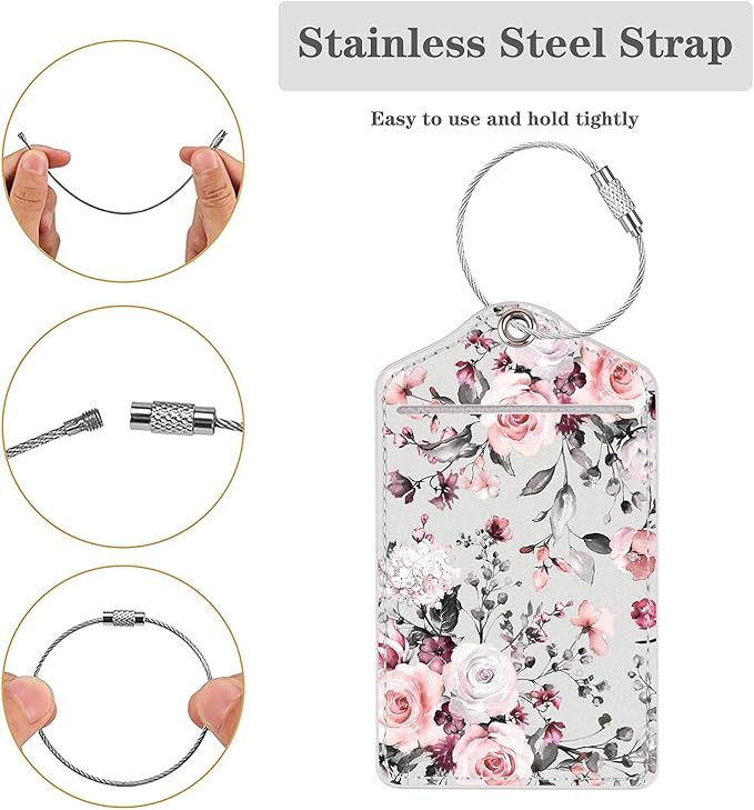 2 Pack Luggage Tag for Suitcases Leather Privacy Cover ID Label Suitcase Labels Identifiers with Stainless Steel Loop, Travel Bag Tags, Grey Flowers