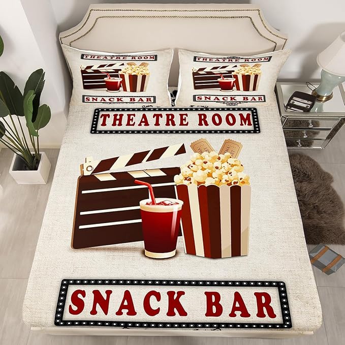 Erosebridal Home Theater Decor Bed Sheets Set Vintage Cinema Style Sheet Set, Movie Themed Sheets Clapboard Popcorn Filmstrip Print Fitted Sheet for Family Boys Girls Film Theme Decor Flat Sheet Full