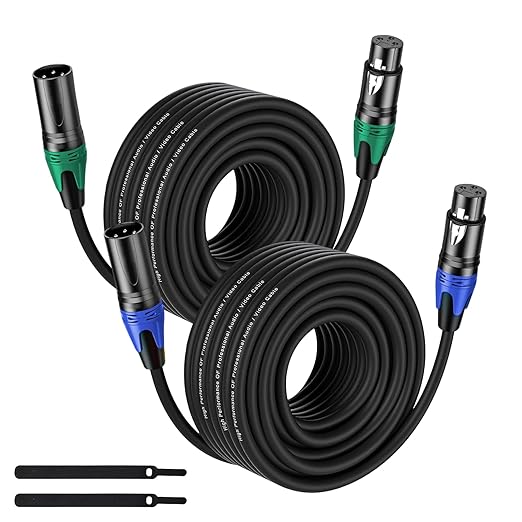 XLR Cable 50FT 2Pack Black- Premium Balanced Microphone Cable 3-Pin XLR Male to Female Mic Speaker Cable, Pure Copper and Plated Conductors