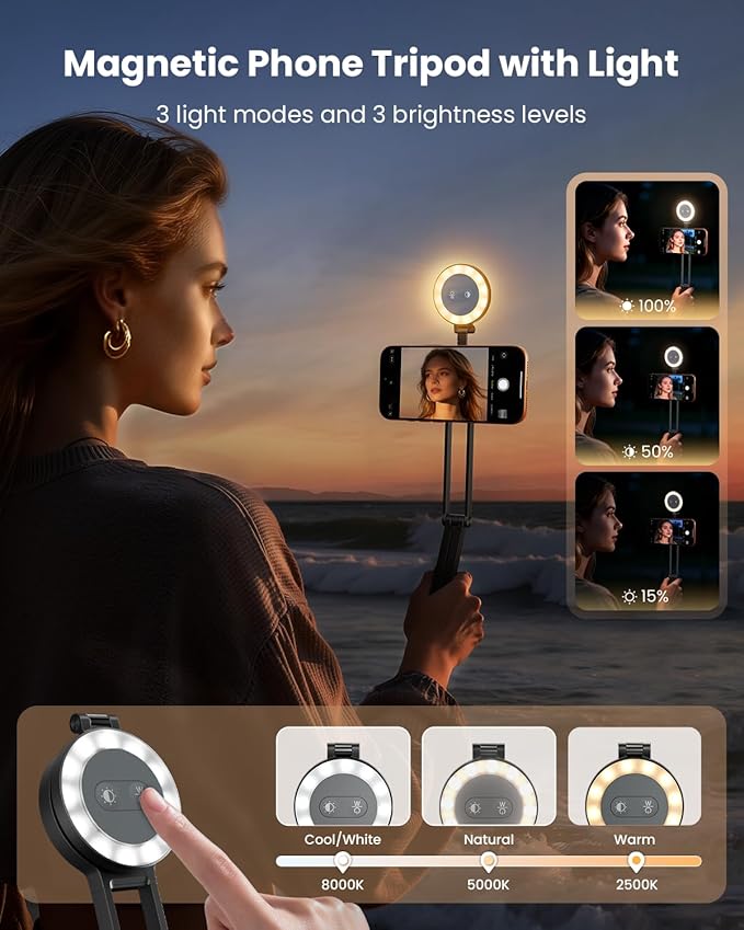 2-in-1 Magnetic Phone Tripod Magnetic Selfie Light for Magsafe Tripod Phone Mount Smartphone Stand Selfie Stick with Fill Light for iPhone Accessories