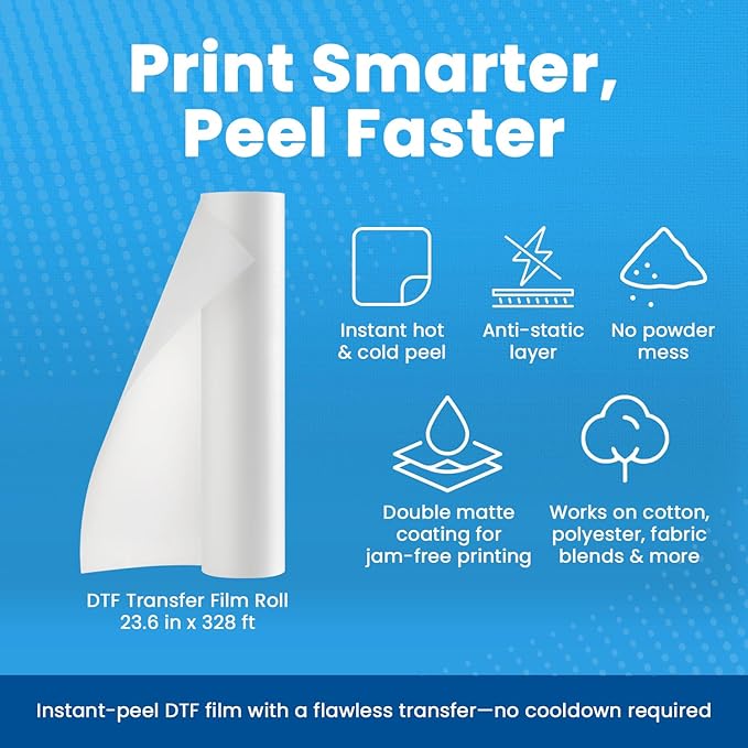 DTF Transfer Film Roll 23.6 inch x 328 ft – Premium Plus Double Matte Anti-Static PET Film – Instant Hot & Cold Peel Heat Transfer Paper for Vibrant Colors & Ultra-Durable Prints on All Fabrics