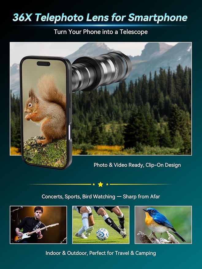 APEXEL 36x Telephoto Lens Compatible with iPhone 17 | Photography for Travel, Birdwatching, Exploration | Kit with Sturdy Metal Tripod and Threaded Phone Case