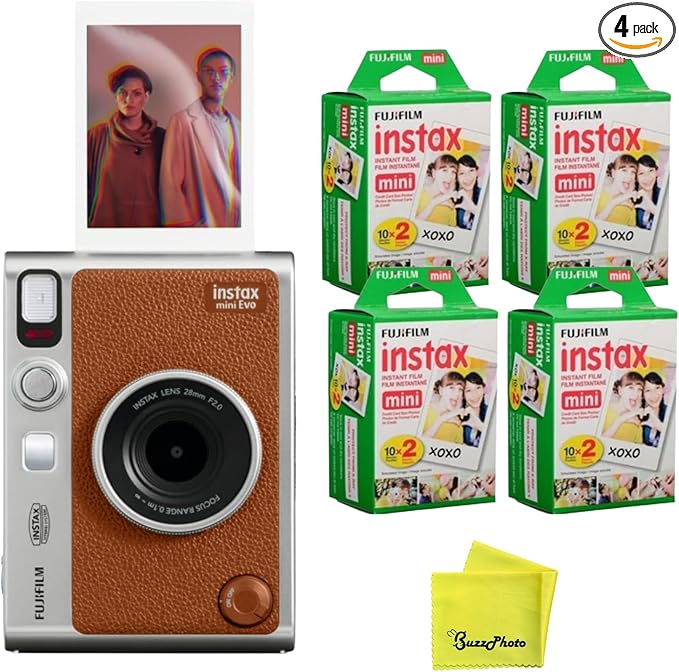 Fujifilm Instax Mini EVO Instant Camera (Brown) w/BuzzPhoto Microfiber Cleaning Cloth and 4 Twin Packs Mini Instant Film