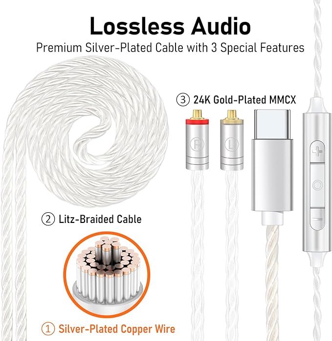 Vibes 202MC USB-C Wired Earbuds - USBC HiFi in Ear Headphones for iPhone 17/16/15 - Noise Isolating Ear Buds w/ Mic - Clear Sound, Deep Bass & Comfort-Fit Earphones - Silver Plated Cord, Carrying Case