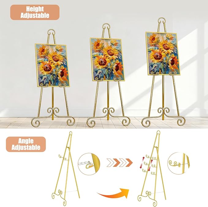 46" H Adjustable Metal Display Easel - Vintage Gold Scroll Design, Rust-Proof Metal Stand for Showcasing Pictures, Artlork, Picture Frame and Wedding Signs