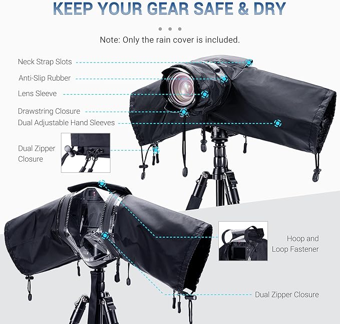 JJC Camera Rain Cover Sleeve for Canon Nikon Sony Fujifilm Mirrorless Camera with Lens Below 7.1x5.5x9.1” (WxHxD), Nylon Camera Rain Coat Protector with Zippered See Through Windows-Black