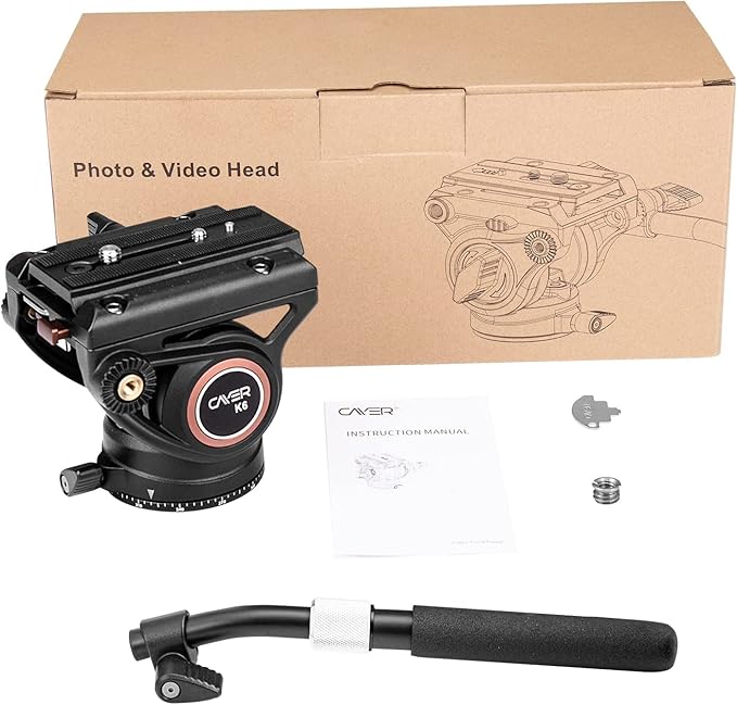 Cayer K6 Fluid Head, Metal Camera Tripod Head with Adjustable Pan Handle, Heavy Duty Video Tripod Pan Tilt Head for Video Cameras, DSLR Cameras, Telescope,Tripod, Monopod, up to 17.6 lbs