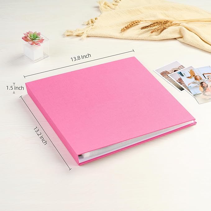 Mublalbum 12x12 Inch Large 3 Ring DIY Scrapbook Photo Album with 40 Plastic Sleeves 80 Pages Linen Cover Folder Binder for Baby Travel Wedding Couple Anniversary and DIY Projects (Pink)