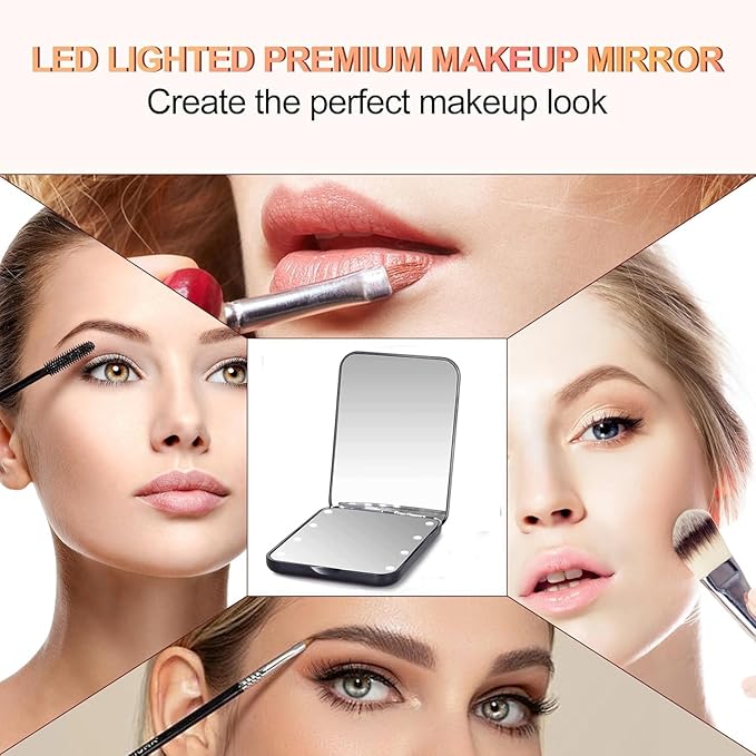 Compact Mirror, 1x/3x Magnification Mini Mirror for Purse, Pocket, Handheld, Stocking Stuffers, Travel Makeup, 2-Sided Foldable, Small Mirror with Led Lights