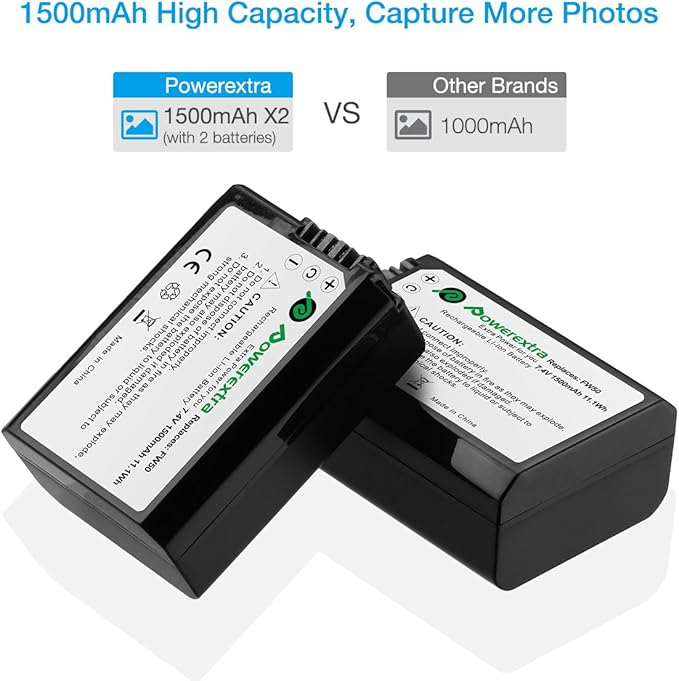 NP-FW50 Battery and Smart LCD Display Dual USB Charger Compatible for Sony ZV-E10, Alpha a6500, a6300, a6000, a7s, a7, a7s ii, a7s, a5100, a5000, a7r, a7 ii Camera