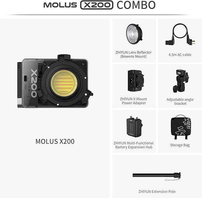 ZHIYUN MOLUS X200 Bi-Color Combo 200W Video Light [Official] Handheld Professional Photography Light Portable Continuous Output Light Bowens Mount 2700K~6500K CRI≥95 TLCI≥97 Only 800g (NO Battery)