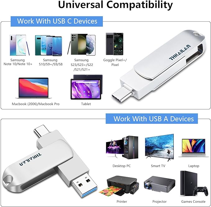 Thkailar USB 3.1 C Memory Stick 256GB,2 in 1 USB A to Type C Thumb Drive,Read Up to 150MB/s Memory Stick Dual Ports,Flash Drive for Android Phone,Computer,MacBook Pro,Tablet,Laptop