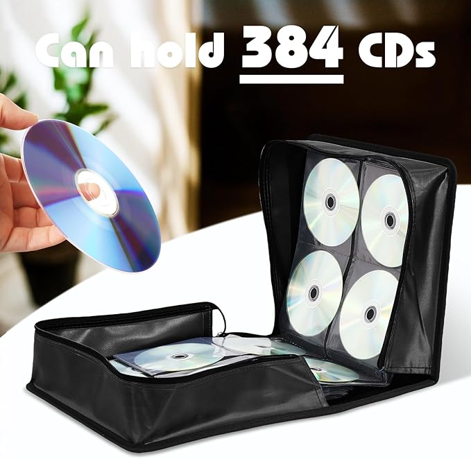 DVD Case CD Storage,384 Capacity CD Cases Holder DVD Storage Case Holders CD DVD Disc Case Storage Wallet Binder for Car Home Office Travel (Black)