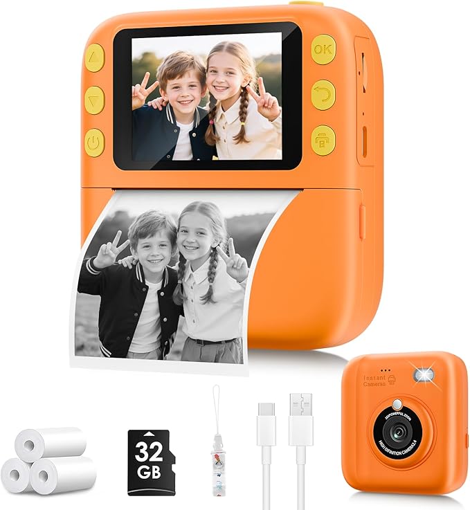 Instant Print Camera for Kids, Christmas Birthday Gifts for Girls Boys, 1080P Instant Digital Print Cameras for Toddler,Portable Toy for 4 5 6 7 8 9 10 Year Old Girl with 32GB SD Card，Orange