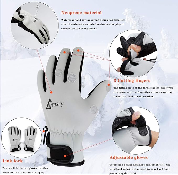 Drasry Neoprene Fishing Gloves Touchscreen 3 Cut Fingers Warm Cold Weather Suitable for Men and Women Ice Fishing Fly Fishing Photography Motorcycle Running Shooting