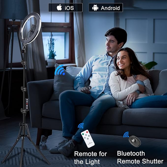 𝗡𝗲𝘄𝗲𝘀𝘁 13" Selfie Ring Light with 63" Stand and 3 Phone Holder, 53 Lighting Modes, iPad Holder, Remote, Desk Tripod, RGB Ringlight for iPhone. Vlogging Circle Led Halo Light Photo Video Kit