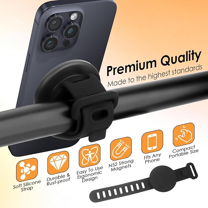 Phone Mount for Magsafe for Gym Fitness, Bike Phone Holder with Adjustable Silicone Strap Magnetic Bicycle Phone Mount for Gym Equipment, Stroller, Shopping Cart, Exercise Bikes, Golf Push Cart(black)