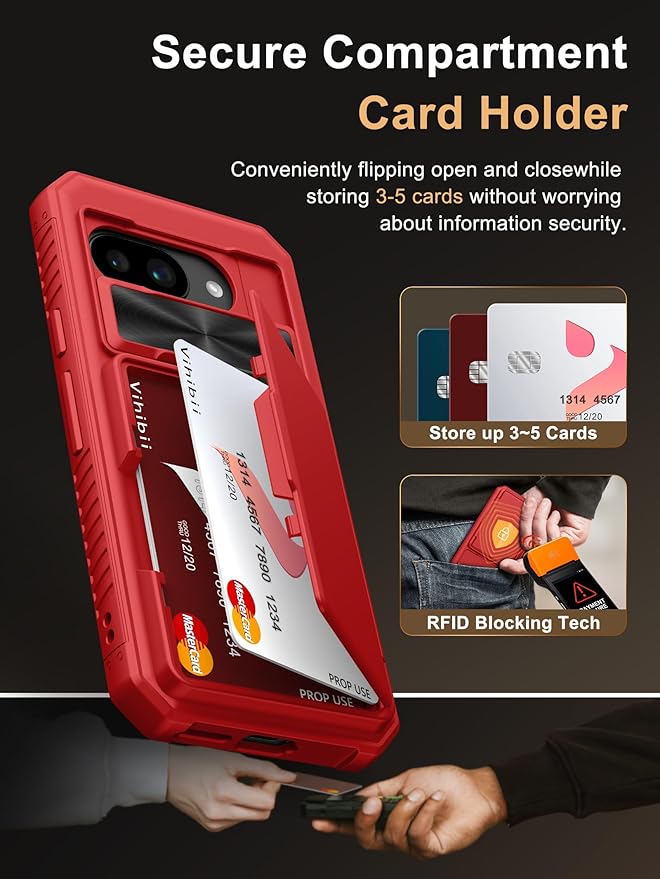 Vihibii for Google Pixel 9a Case with Card Holder (4 Cards), [RFID Blocking] & Slide Camera Cover, Military Grade Drop Protection, Heavy Duty Shockproof Wallet Cover for Google Pixel 9a 2025, Red