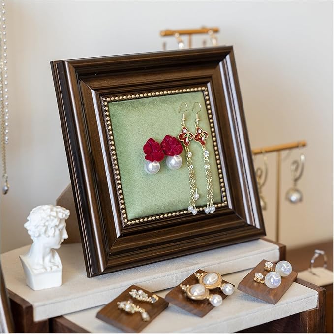 Jewelry Display Stand Set Photo Frame Accessories Vintage Stall Counter Photography Props Earrings Ring Holder(Green)