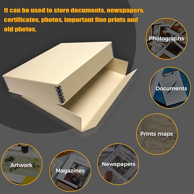 Golden State Art, Archival Storage Box, Acid-Free Drop Front Museum Box with Metal Edge for Storing Artwork Photos Documents Prints Arts And Crafts (Tan-11.75x15.25x3 Inches)